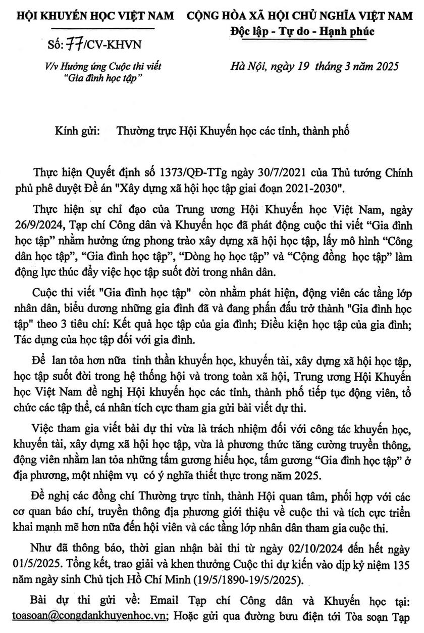 Hội Khuyến học Việt Nam kêu gọi hưởng ứng cuộc thi viết 